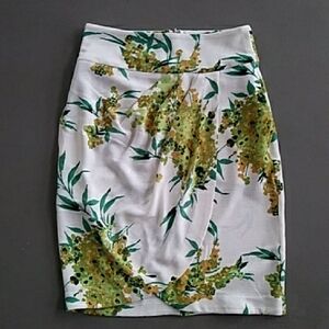 New York & Company Eva Mendes White and Green Floral Tulip Hem Pencil Skirt